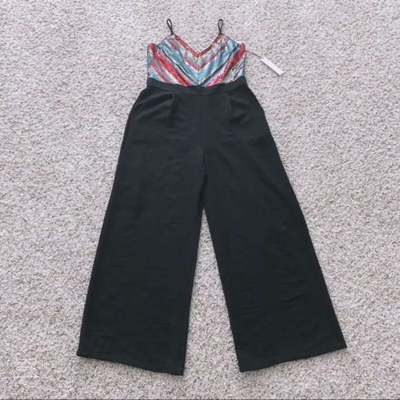 June & Hudson Wide Leg Jumpsuit Sequined Black Multi Size XL - Picture 4 of 12
